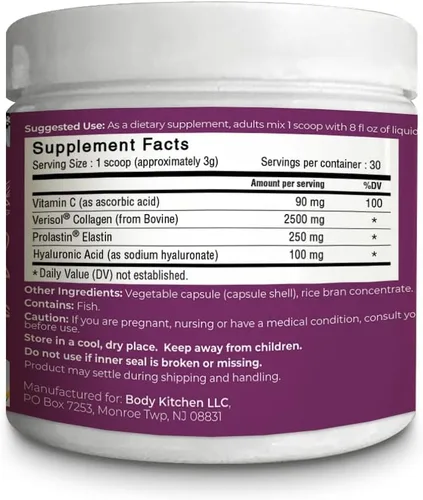 Miniatura 2 de Body Kitchen Péptidos de colágeno y elastina, 250 mg de elastina pura derivada de marina de Francia, suplemento de elastina para firmeza