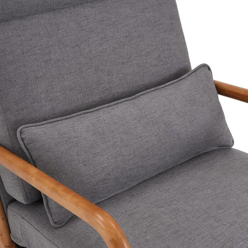 Miniatura 7 de SSLine Sillón tapizado moderno de tela de lino suave con almohada y marco de madera de roble, cómodo sofá individual con respaldo alto, silla