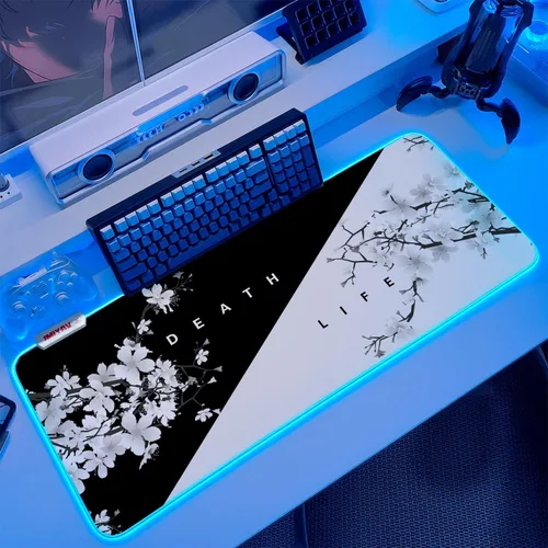 Miniatura 7 de JMIYAV Alfombrilla de mouse para juegos RGB en blanco y negro, 31.5 x 12 pulgadas, PC XL, grande, extendida y brillante, con luz LED, base de goma