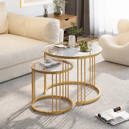 Miniatura 3 de Garden 4 you Mesa de Centro Anidable, Juego de 2 Mesas de Centro Redondas de 23.6 Pulgadas, Mesa Anidable de Vidrio con Marco de Metal, Mesas