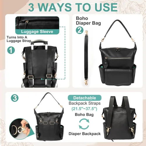 Miniatura 6 de MOMINSIDE Mochila para pañales, hobo convertible, bolsa de bebé grande con 14 bolsillos, 6 bolsas para botellas, bolsa para toallitas, bolsillos