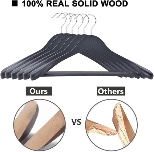 Miniatura 4 de JS Hanger Perchas de madera para trajes, paquete de 6 perchas de madera extra anchas con barra antideslizante para pantalones, acabado negro extra