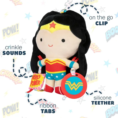 Miniatura 4 de KIDS PREFERRED DC Comics Wonder Woman - Juguete de actividad sensorial múltiple con mordedores, texturas arrugadas y clip para diversión sobre
