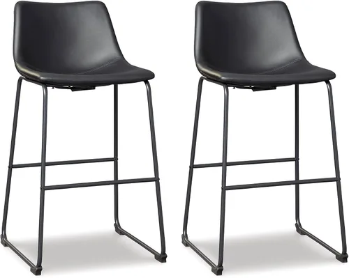 Signature Design by Ashley Centiar Taburete de Bar Casual de Altura de Pub con Asiento Tipo Bucket Tapizado y Base de Metal, Juego de 2, Cuero Negro