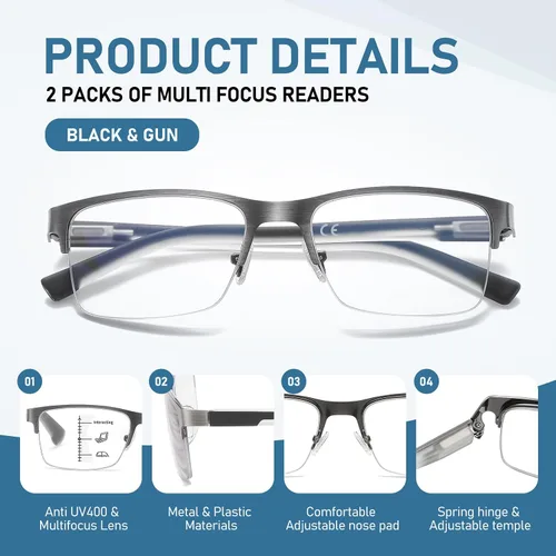 Miniatura 4 de LKEYE Gafas de lectura multifoco para hombre, sin línea, lector multifocal progresivo, luz azul, marco de metal, lentes trifocales