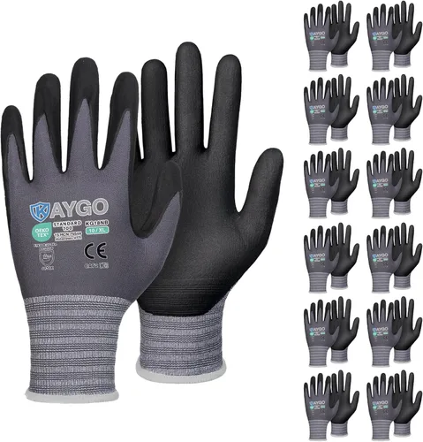 KAYGO Guantes de trabajo de seguridad con revestimiento de microespuma de nitrilo, 12 pares KG18NB, guantes de nailon de punto sin costuras para Gris