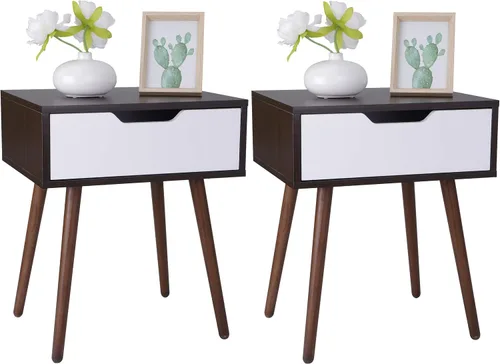 Miniatura 8 de SUPER DEAL Mesa auxiliar moderna de mediados de siglo con cajón, mesa pequeña con patas de madera, cajón deslizante y mango sonriente para espacio