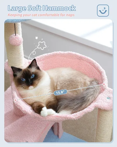 Miniatura 4 de MUTTROS Árbol de flores para gatos con hamaca grande de marco de metal, torre rosa para gatos de 35 pulgadas con postes rascadores de sisal