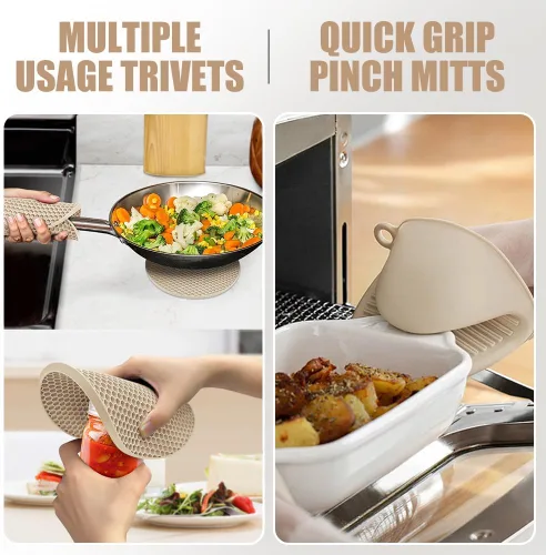 Miniatura 3 de Rorecay Juego de 6 manoplas de horno y soportes para ollas, guantes de silicona extra largos para cocina, resistentes al calor, 500 grados, Milkshake