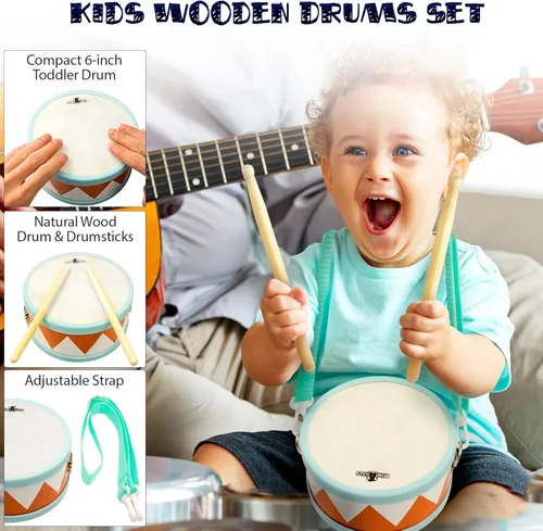Miniatura 4 de MINIARTIS Instrumentos musicales para niños pequeños – Juguetes musicales de madera Montessori para niños pequeños de 1 a 3 años Juego de batería