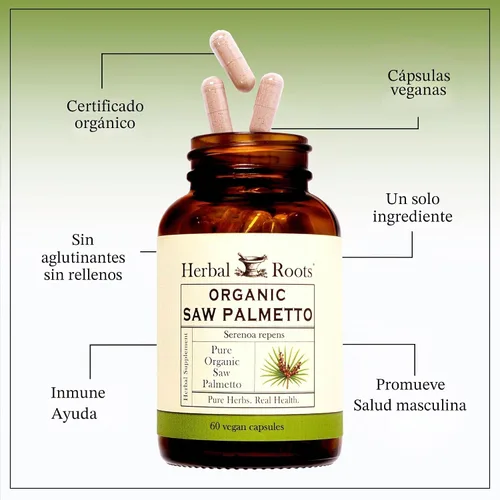 Miniatura 4 de Herbal Roots Cápsulas orgánicas de palma enana americana 1,000 mg por porción 60 cápsulas veganas orgánicas