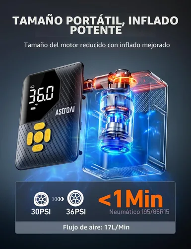 Miniatura 2 de AstroAI L7 Mini Inflador de Neumáticos Compresor de Aire Portátil, 150 PSI Bomba de Aire Inalámbrica para Neumáticos de Coche con Luces LED