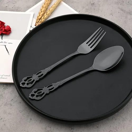 Miniatura 5 de Juego de cubiertos de lujo retro con mango hueco, 20 piezas, vajilla de espejo de acero inoxidable 18/0, cubiertos vintage, incluye cuchillo Negro
