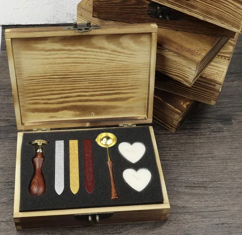 Miniatura 2 de Sello de cera de abeja, caja de regalo de madera vintage, juego de embalaje, palillos de cera de sellado, cuchara de fusión, vela, invitación