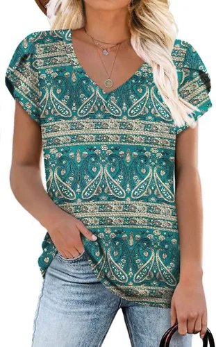 CATHY Camisetas informales de verano para mujer, de manga corta, tipo túnica, cuello en V, holgadas, cómodas, ligeras, bonitas
