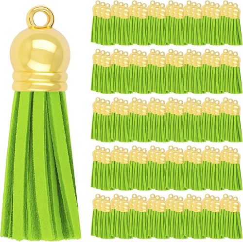 Miniatura 38 de Mandala Crafts 100 borlas de gamuza sintética color aguamarina con tapa dorada, suministros para hacer llaveros a granel, pequeñas borlas de cuero