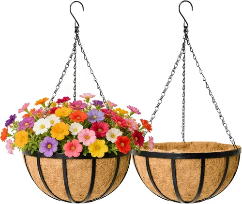 Maceta colgante de metal de hierro plano negro con forro de fibra de coco (paquete de 2, 12 pulgadas), macetas colgantes para plantas al aire libre,