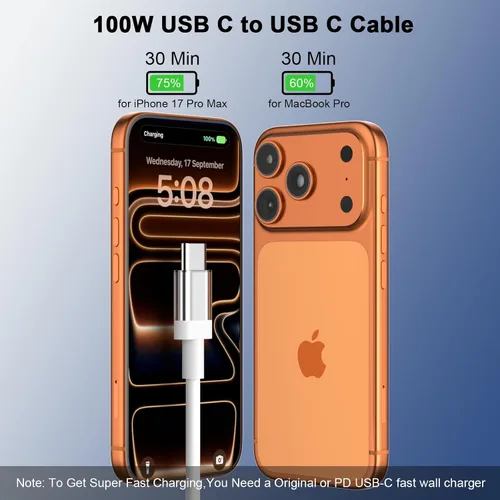 Miniatura 2 de Cable USB C a USB C de 3 pies 100 W, cable de carga rápida tipo C para iPhone 17e 17 16 Pro Max 15/iPad Pro 10 11/MacBook Air, para Samsung S26 S25