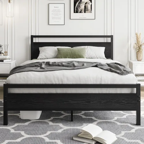 Miniatura 12 de HOJINLINERO Marco de cama individual con cabecera de madera, marco de cama de metal con plataforma individual, no necesita somier, listones de acero