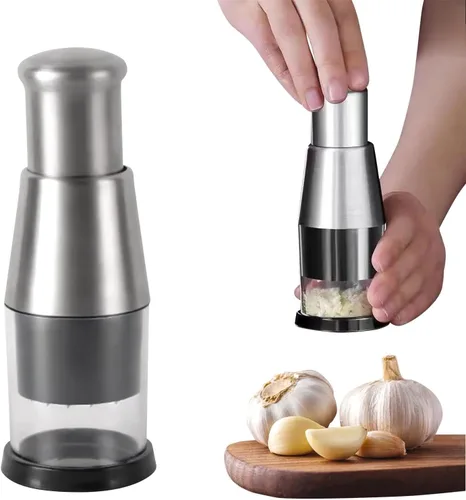 Picador manual de alimentos, mini picador compacto de acero inoxidable prensado de ajo, prensa manual funcional de ajo para picar papas, rebanar