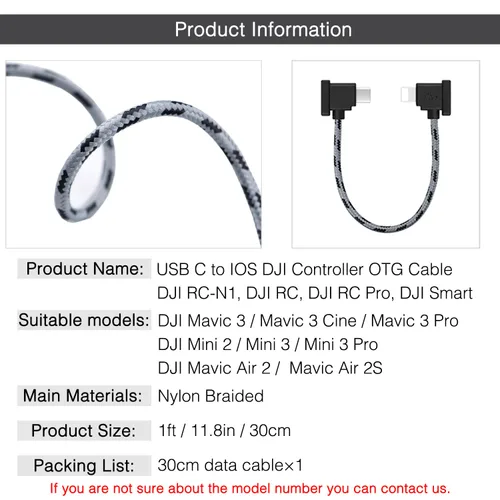 Miniatura 2 de Cable de control remoto USB C a iOS de 1 pie para DJI Mavic 3, Mini 2, Mini 3 Pro, Air 2S, Mavic Air 2 - Accesorios de cable de datos OTG de 90