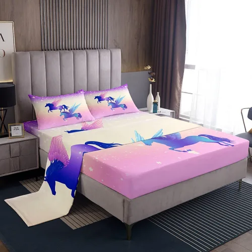 Miniatura 17 de Erosebridal Sábanas de sirena azul para niñas, juego de sábanas de unicornio lindo tamaño matrimonial, 4 piezas para niños, sábanas de arcoíris