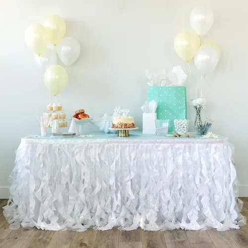 Miniatura 10 de Falda de mesa tutú azul. Falda de mesa de 6 pies con sauces de organza de doble capa para decoraciones bajo el mar, decoración de primer cumpleaños