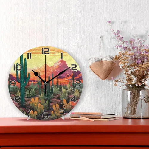 Miniatura 2 de Kigai Reloj de pared de cactus del desierto, silencioso sin tictac, funciona con pilas, reloj redondo para cocina, oficina, escuela, hogar decorativo