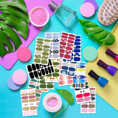 Miniatura 4 de 420 piezas de 30 hojas de envolturas de uñas con lima de uñas, tiras de esmalte de uñas con diseño degradado con brillantina, calcomanías