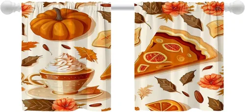 Miniatura 190 de Shrahala Beige and Orange Abstract Art Brushstrokes Blackout Curtain Tiers, Abstract Oil Paint Kitchen Valance Light Blocking Tier Drapes with Rod