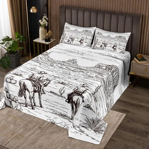 Miniatura 8 de Erosebridal Colcha occidental tamaño Queen Cowboy Colcha Americana Salvaje Oeste desierto dibujado a mano ilustración colcha temática país Multi 001