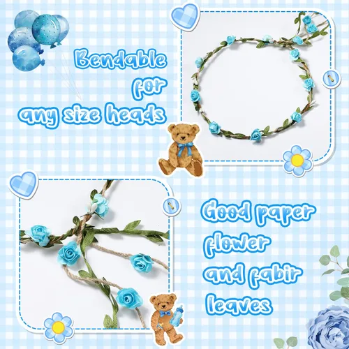 Miniatura 6 de Tiamon Banda temática de oso para baby shower, baby shower, diadema con corona de flores para revelaciones de género, fiesta de baby shower, Azul
