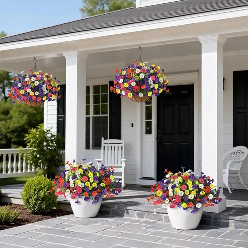 Miniatura 2 de Homsunny Plantas artificiales colgantes con cesta para exteriores, petunias falsas, de seda, para exteriores, porche, patio, balcón, jardín