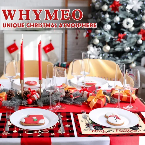 Miniatura 7 de Juego de 6 manteles individuales de Navidad, manteles de mesa a cuadros de búfalo para Navidad Feliz, tapete de cocina para mesa de comedor, tapete