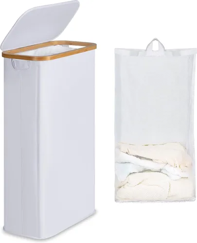 Miniatura 18 de efluky Cesta de lavandería con tapa y bolsa extraíble, cesta de lavandería de 100 litros de alto con asas de bambú, papelera estética para ropa Gris