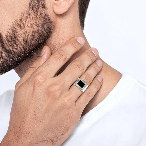 Miniatura 2 de Anillo de plata de ley 925 para hombre con circonita cúbica y ónix negro