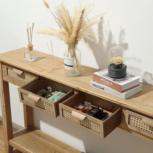 Miniatura 6 de Wnutrees Mesa consola de granja con 4 cajones de ratán, 60 pulgadas de largo, estrechas y bohemias con estantes de almacenamiento abiertos