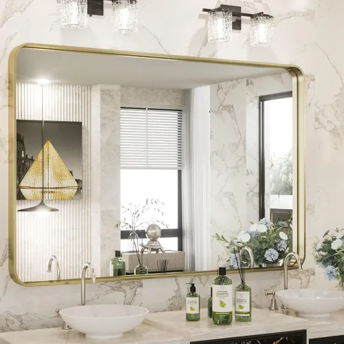 Miniatura 52 de TokeShimi Espejo redondo dorado de 36 pulgadas, espejo redondo de baño para pared con aleación de aluminio antioxidante, marco de metal dorado Oro