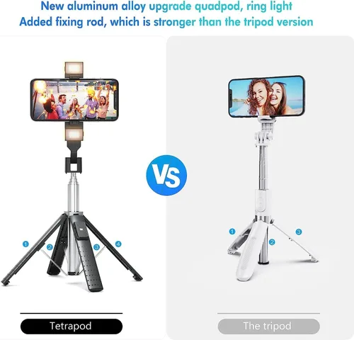 Miniatura 6 de Trípode Cuadrápode para Palo de Selfie de 41" con 2 Luces de Relleno Recargables, Trípode Extensible con Control Remoto Bluetooth, Acero Inoxidable