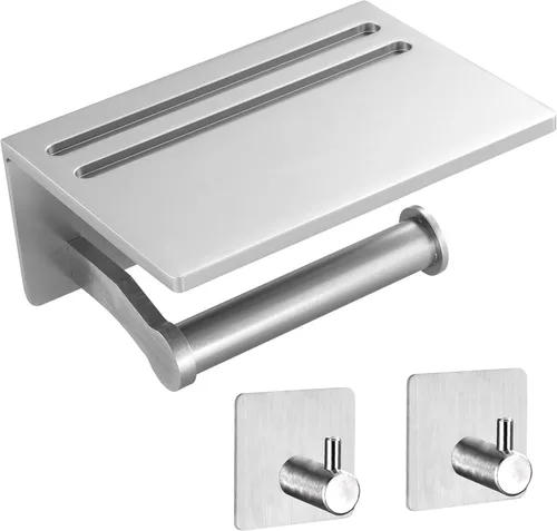 Miniatura 8 de Soporte de papel higiénico – Soporte de papel higiénico de aluminio de doble rollo con estante para teléfono móvil para baño, autoadhesivo 3M, sin