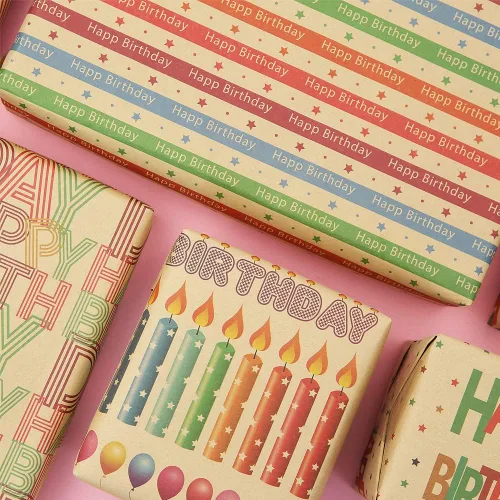 Miniatura 4 de Papel de regalo colorido de estraza para hombres, mujeres, niños, niñas, niños, 4 hojas en 4 diseños plegados planos de 20 x 28 pulgadas por hoja