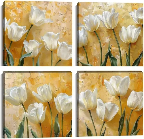 Miniatura 15 de Wall HDQ Arte de pared de flores para baño, dormitorio, sala de estar, decoración de pared azul y naranja, pintura floral, lienzo impreso, imagen
