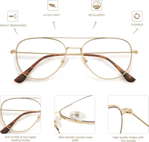 Miniatura 5 de Paquete de 3 lentes de lectura retro estilo aviador para hombres y mujeres, diseño cuadrado de moda, bloqueo de luz azul, para lectura