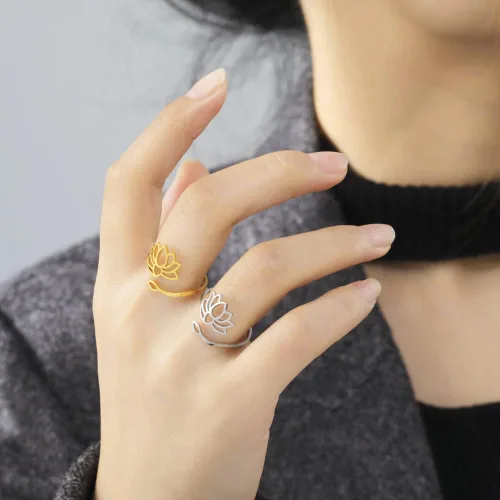 Miniatura 7 de kkjoy Anillo de yoga de flor de loto de acero inoxidable con diseño de loto ajustable, anillo de dedo abierto, regalo inspirador para mujeres