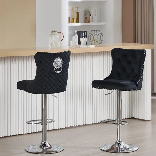 Miniatura 35 de Taburetes de bar negros juego de 2 sillas de cocina giratorias de terciopelo con respaldo alto acolchado, taburetes dorados modernos tapizados