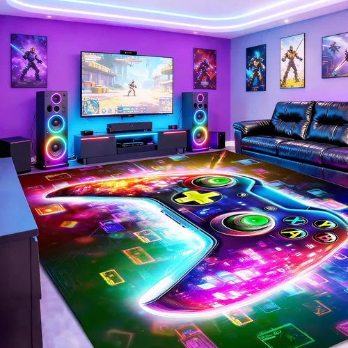 Miniatura 19 de Alfombra de área de juegos neón de 3 x 5 pies para habitación de niños, alfombra colorida de control de juegos para decoración de habitación