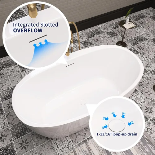 Miniatura 5 de Bañera independiente de acrílico de 59", bañera independiente, bañera independiente, bañera de remojo, certificado cUPC, YL (blanco brillante)
