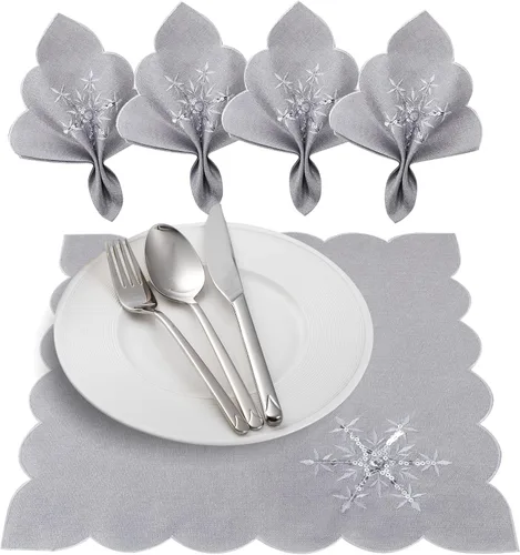 Miniatura 10 de OWENIE Juego de 4 manteles individuales de mesa de Navidad, manteles individuales plateados con bordado de lentejuelas, manteles individuales grises