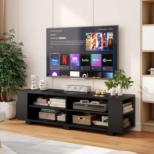 Miniatura 2 de KOTEK Soporte de TV de madera para televisores de hasta 65 pulgadas, mesa consola de TV con 8 estantes de almacenamiento abiertos, moderna mesa
