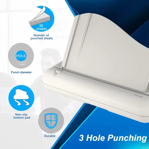 Miniatura 3 de Perforadora eléctrica de 3 agujeros, VEYETTE - Perforadora comercial resistente con adaptador para oficina, escuela, estudio, capacidad de 30 hojas